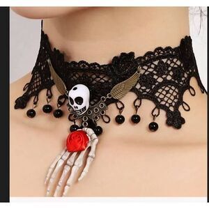 Jacobson Hat Halloween Black Lace Choker With Skeleton Hand